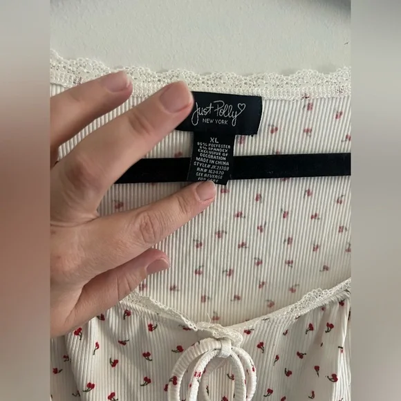 Just Polly NY Cherry Print Ribbed Lace Trim Tie Front Top XL - Picture 3 of 4